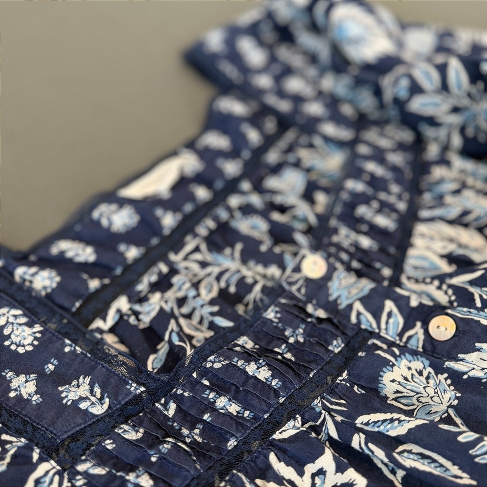Beach Lunch Lounge Navy Floral Cotton Button Front Peplum Top Square Neck XL - Picture 10 of 11